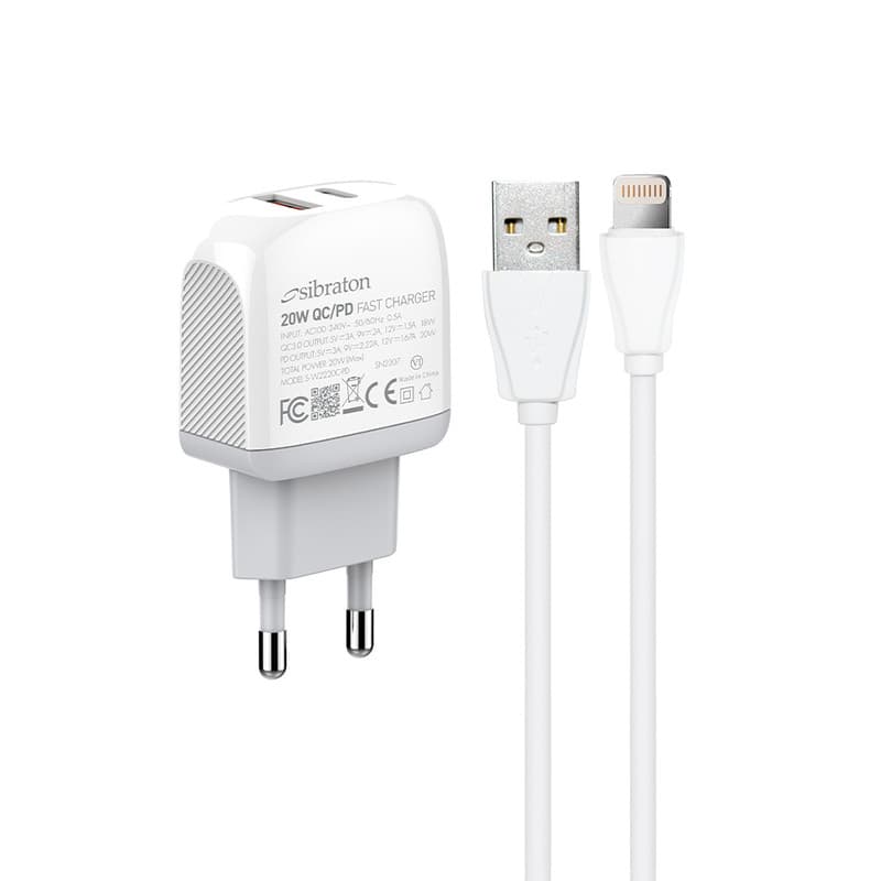شارژر دیواری 20 وات سیبراتون مدل SW2220i PD به همراه کابل لایتنینگ