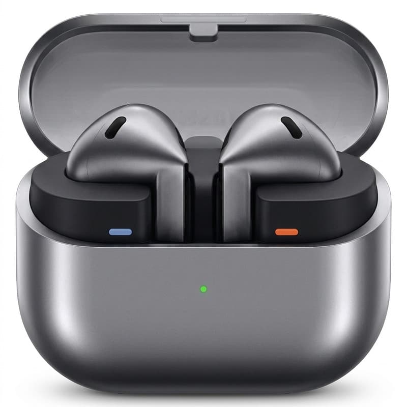 هدفون بلوتوثی سامسونگ مدل Galaxy Buds3 با نویز کنسلینگ فعال (ANC)، نویز کنسلینگ میکروفون (ENC)، درگاه شارژ USB Type-C، با قابلیت اتصال به چند دستگاه، دارای قابلیت صدای 360 درجه، Galaxy AI، میکروفون سه گانه، پشتیبانی از فرمان لمسی، ضد آب و گرد و غبار