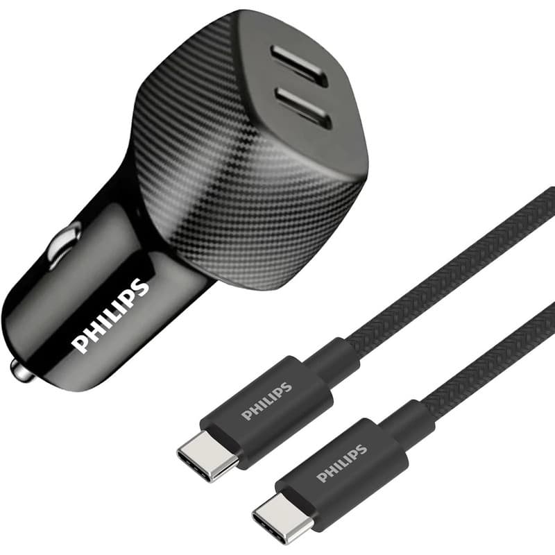 شارژر فندکی 30 وات 2 پورت فیلیپس مدل DLP5522C به همراه کابل تبدیل USB-C