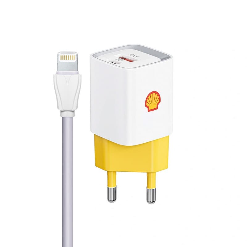 شارژر دیواری 20 وات دو پورت شل مدل SWC14CL به همراه کابل تبدیل USB-C به لایتنینگ