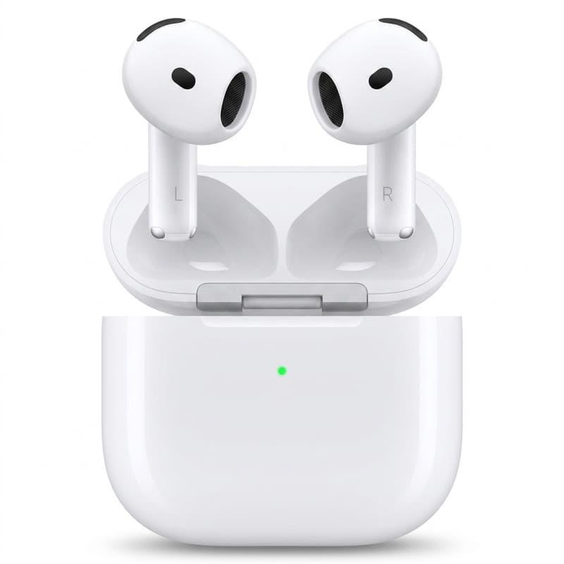 هدفون بلوتوثی اپل مدل AirPods 4 دارای نویز کنسلینگ، درگاه شارژ USB-Type-C و شارژ بی سیم، با قابلیت اتصال به چند دستگاه، پشتیبانی از فرمان لمسی و دستیار صوتی، نشانگر LED، مقاوم در برابر پاشش آب و گرد و غبار